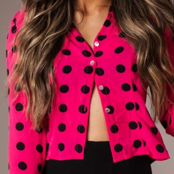 Hot pink silk crepe de chine blouse w. Black polka dots. “Victoria Soie” - Picture 2 of 3